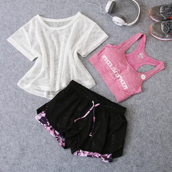 

Woman 3 Pcs yoga set Shirt Top+Bra+Shorts fitness gym Clothing Sportswear workout Athletic running quick dry Female Sport suits