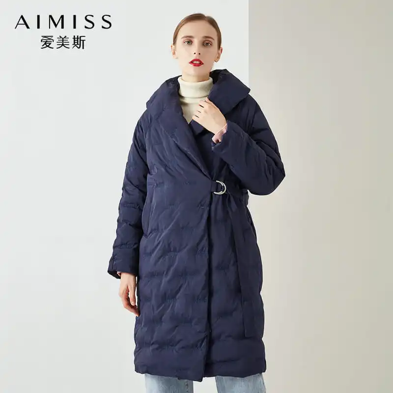 AIMISS/Новая брендовая пуховая куртка, очень толстая зимняя теплая длинная пуховая куртка с отложным воротником, верхняя одежда, комплект одежды синего цвета