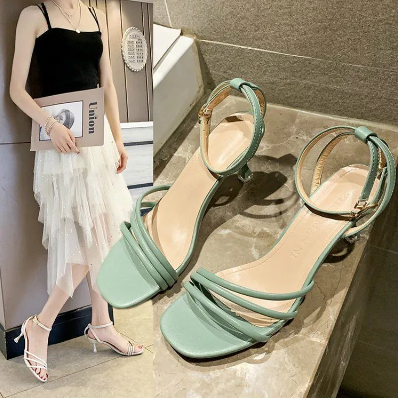 

2020 New Summer Women Sandals Sweet Color Open Toe High Heels Pumps Thin Heel Sandals Ladies Dress Buckle Strap Females Shoes
