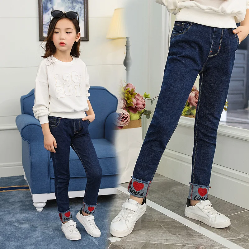

Girls Autumn And Winter plus Velvet Jeans Children Big Boy Young STUDENT'S Crimping Trouser Legs Heart Warm Jeans