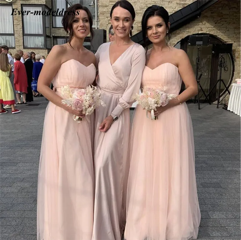 Нежно-розовый тюль Длинные свадебные платья милое без рукавов Boho Maid Of Honor Платья С Боковым Разрезом vestido madrinha