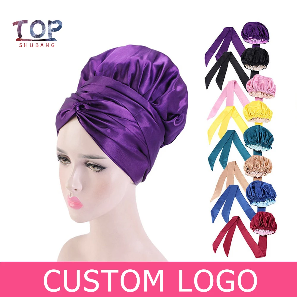 

Custom Logo Fully Reversible Double Layer Satin Hair Bonnet With Long Tie Protects Hair From Damage Women Hair Care Accessories