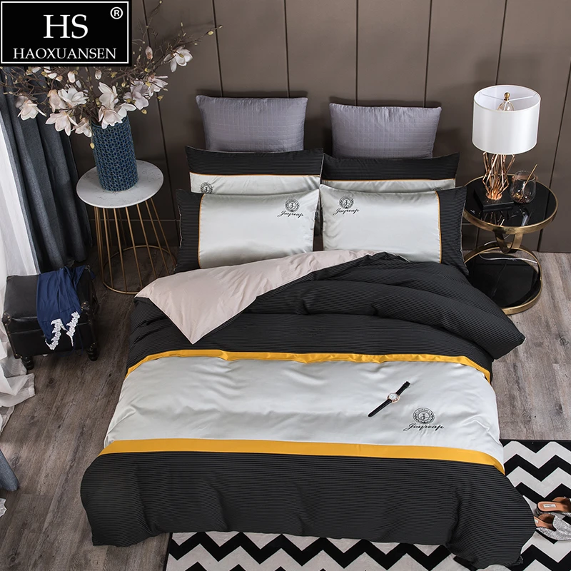 

Embroidery Business Bedding Sets Dark Light Grey Plaid Design Quilt Cover Bed linens Bedsheet/Fitted Sheet Bed Cover Pillowcase