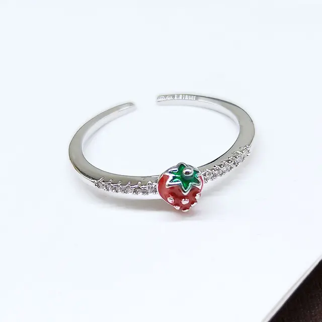ONEVAN Rhinestones Sweet Fruit Red Strawberry Open Adjustable Finger Rings For Women Girls Party Gifts Single Silver