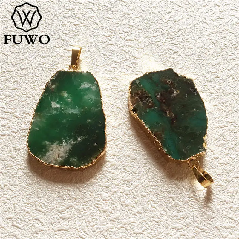 

FUWO Wholesale Free Shape Natural Chrysoprase Pendants,Golden Plated Semi-precious Stone For Necklace Making 5Pcs/Lot PD002