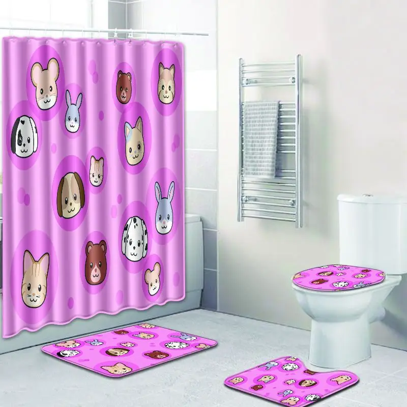 

4pcs/set Cartoon Printed Pattern Shower Curtain Pedestal Rug Lid Toilet Cover Mat Bath Mat Set Bathroom Curtains with 12 Hooks