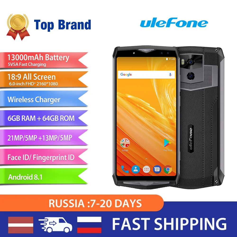 Смартфон Ulefone power 5, 13000 мА/ч, Android 8,1, мобильный телефон, 6 ГБ+ 64 ГБ, 6,0 дюймов, FHD MTK6763, Восьмиядерный, Face ID, Беспроводная зарядка, 4G