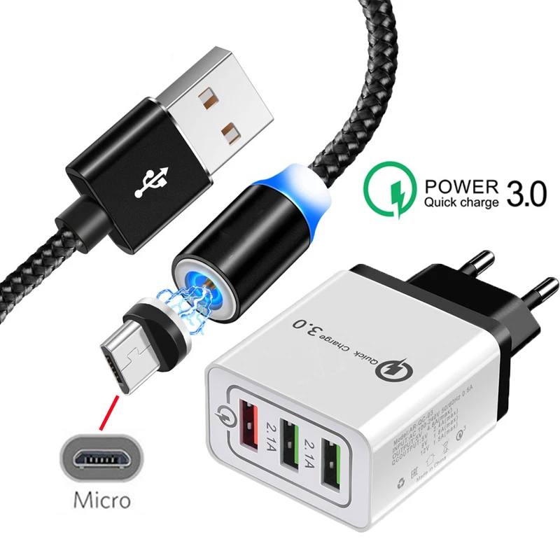 Магнитный зарядный кабель Micro USB QC 3 0 быстрое зарядное устройство для Samsung S4 S5 S6 S7 J1