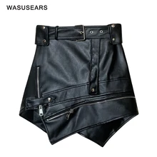 Женская юбка из искусственной кожи, винтажная юбка с высокой талией, мини панк-юбки для женщин, асимметричная черная юбка из искусственной кожи на молнии