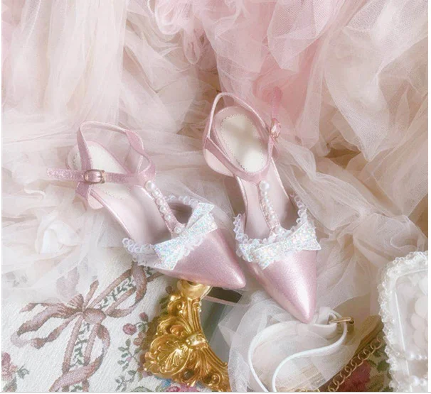 Женская обувь с острым носком; туфли с закрытым носком на высоком каблуке в стиле Лолиты; женские туфли с бантом в стиле принцессы; милые винтажные туфли для девочек