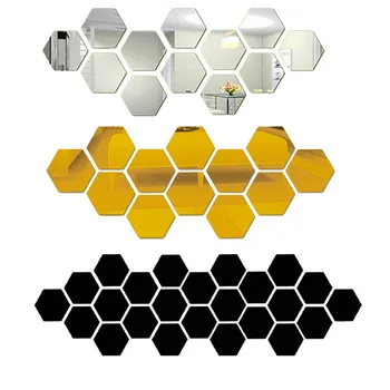

12PCs 3D Hexagon Acrylic Mirror Wall Stickers Removable DIY Art Wall Decor Stickers Living Room Mirrored Sticker Gold Home Decor