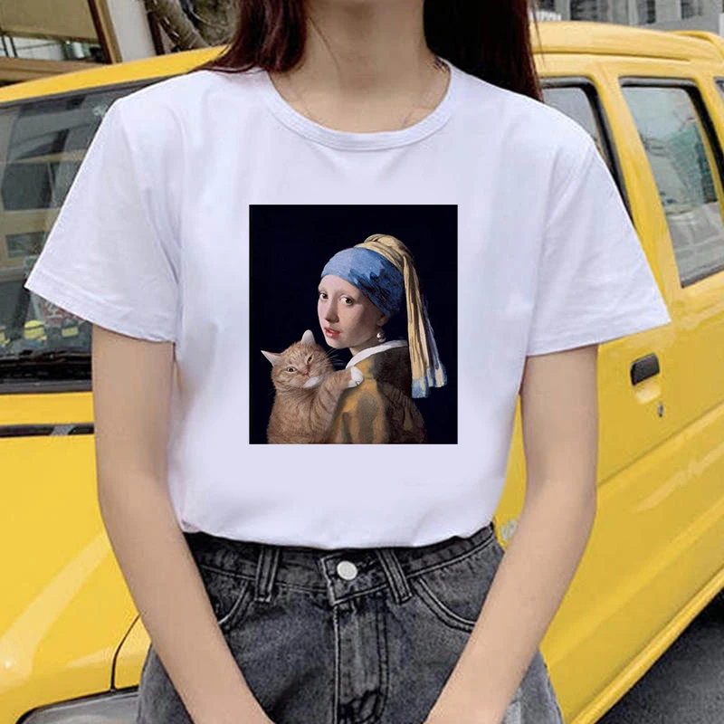 

90s Graphic Rock Top Tees Female Cat painting T Shirt Women Harajuku Vintage T-shirt Fashion Queen Tshirt