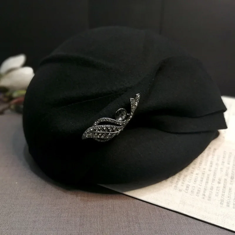 Black Новинка, австралийские шерстяные женские шапки, Теплые Зимние береты, шапки бини, стразы, украшение для церкви, свадебное платье, женская шапка, 9 цветов - Цвет: Black