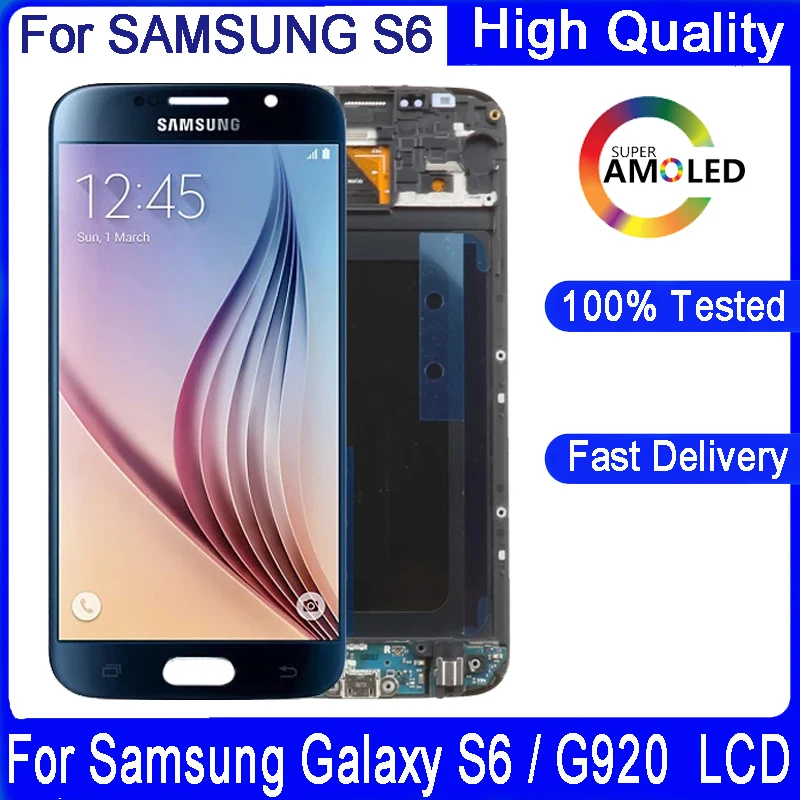 100% Оригинальный ЖК-дисплей SAMSUNG S6 5 1 дюйма для Galaxy G920 G920F SUPER AMOLED с рамкой и