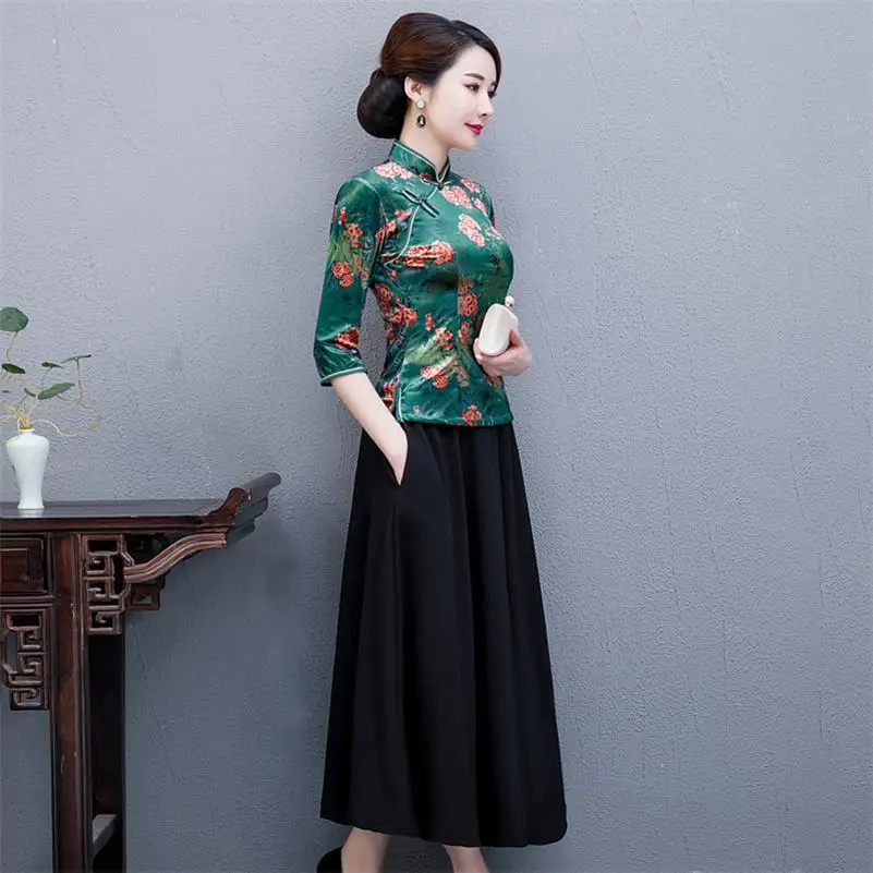7019 Suit Винтаж ручной работы Кнопка Cheongsam 2 шт. Комплект женский традиционный цветочный принт Qipao Мода Атлас qipao Vestidos - Цвет: 7019 Suit