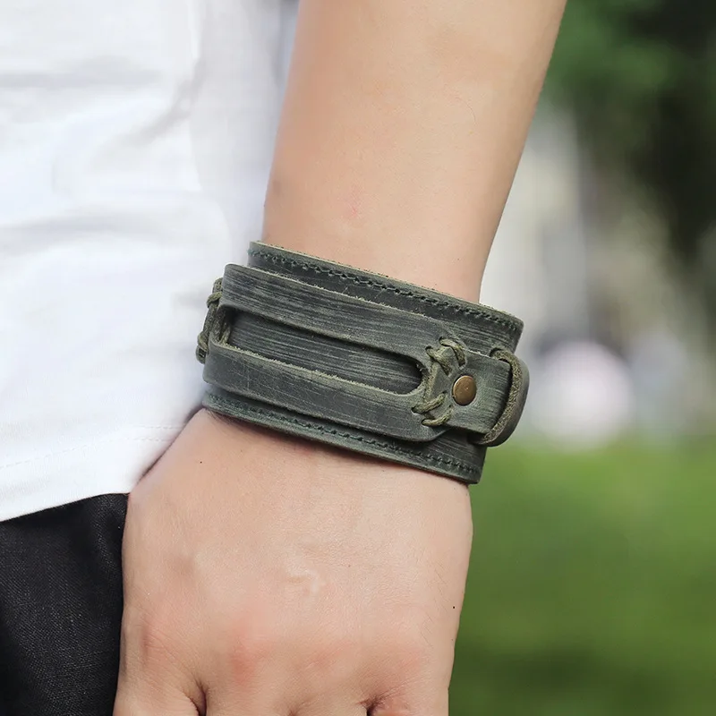 Men Leather Bracelet Wide Brown Vintage Punk