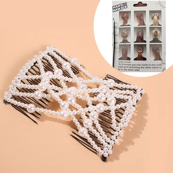 

Spaloria Fashion Pearl Elastic Hair Comb Clip Vintage Magic Beads Hairpin Stretch Bow Hair Combs For Women Lady Hair Accessories