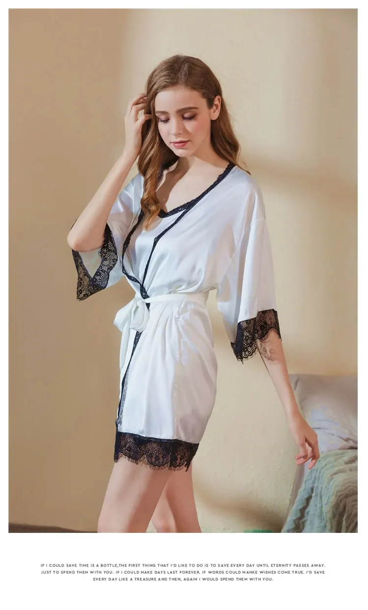 The New Deep V Strap Nightdress Robe Suit Home Service Sexy Woman Pajamas Summer Ice Silk Lace Robe Bathrobe