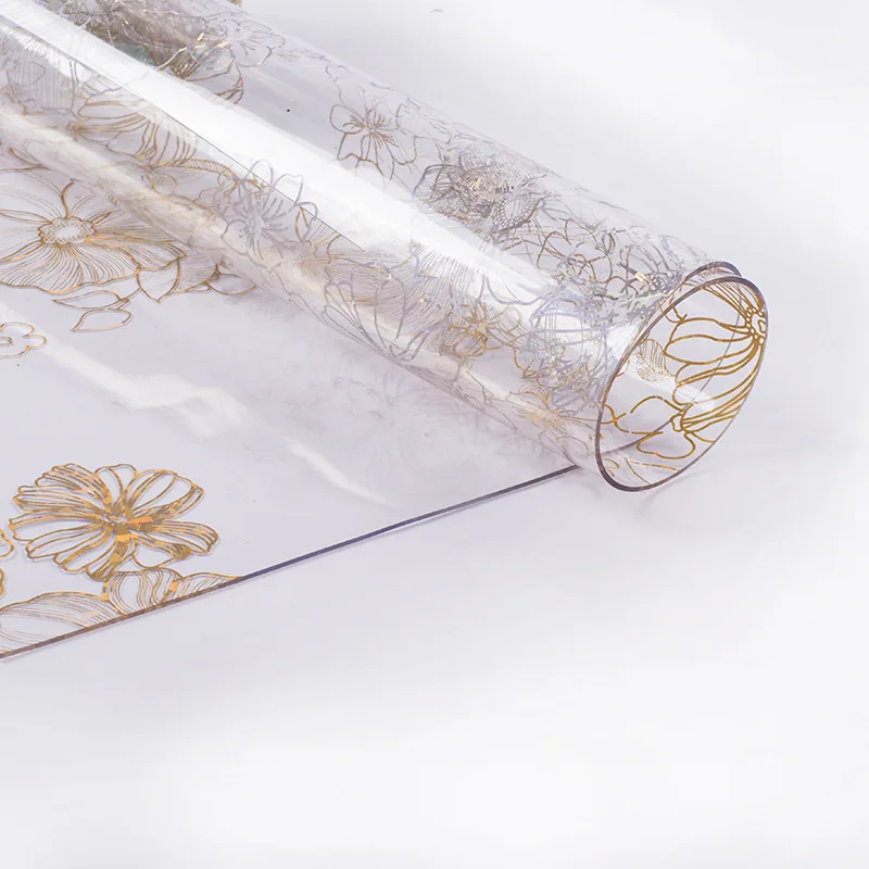0,15 мм ПВХ золотой цветок, скатерти из мягкого стекла, водонепроницаемые, клееная ткань, вечерние коврики для кухонного стола, украшение для дома