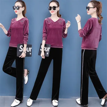 

2020 Velvet Tracksuit Two Piece Set Women Long Sleeve Top And Pants Bodysuit Suit LA51
