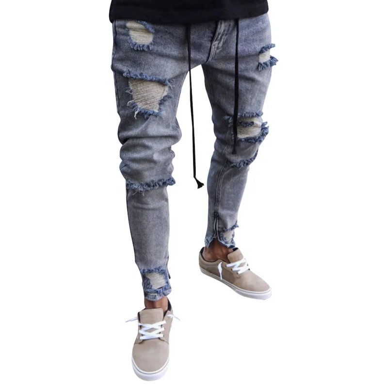Plus Size Jeans for Men Fashion Knee Hole Stretch Destroyed Frayed Denim Pants Casual Skinny Gray Ripped Jeans Pantalones 2