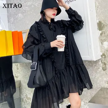 

XITAO Ruffle Hem Pleated Women Fashion New 2020 Spring Full Sleeve Patchwork Bow Black Small Fresh Casual Loose Dress DMY2779