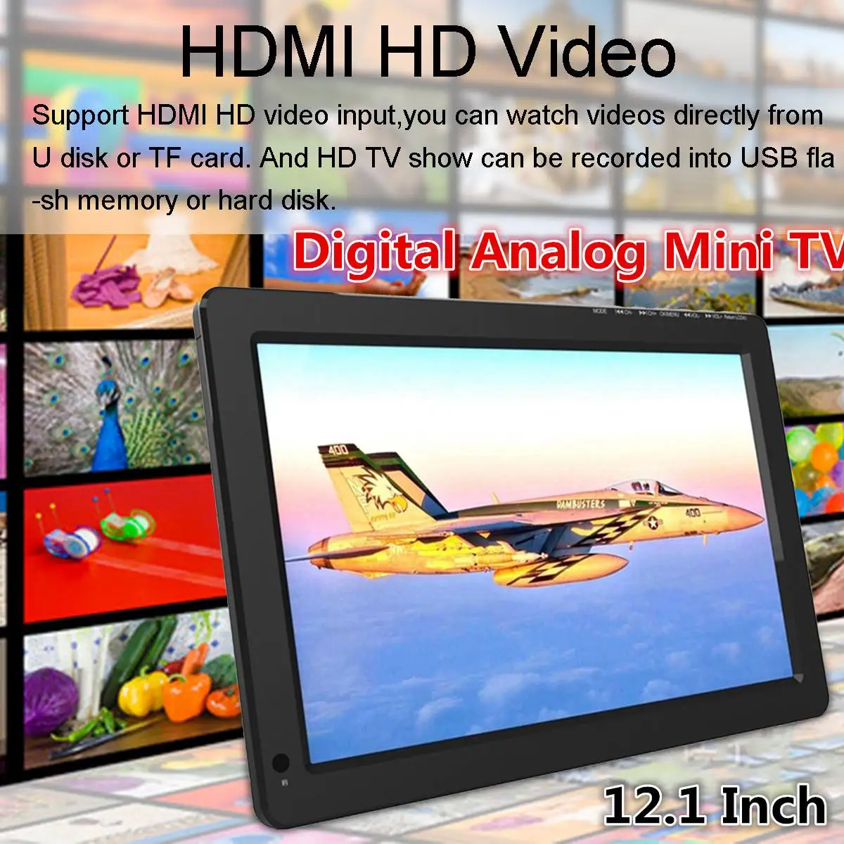  12.1 Pollici 18W 12V Portatile Digitale Analogico Mini Tv Dvb-T/DVB-T2 a Led Tft 1080P Hd Auto tv d
