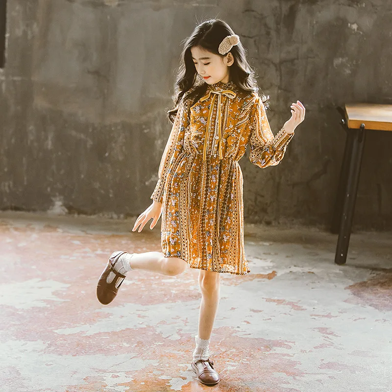 Elegant Yellow floral Print Buttons Pleat Kids Girls Chiffon Dress Long Sleeve Spring Autumn Summer Teenage Outfit 10 12 y | Детская