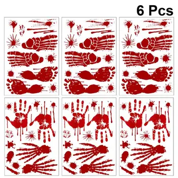

6 Sheets of Blood Printing Stickers Fingerprint Footprint Stickers Halloween Wall Window Stickers for Festival Party