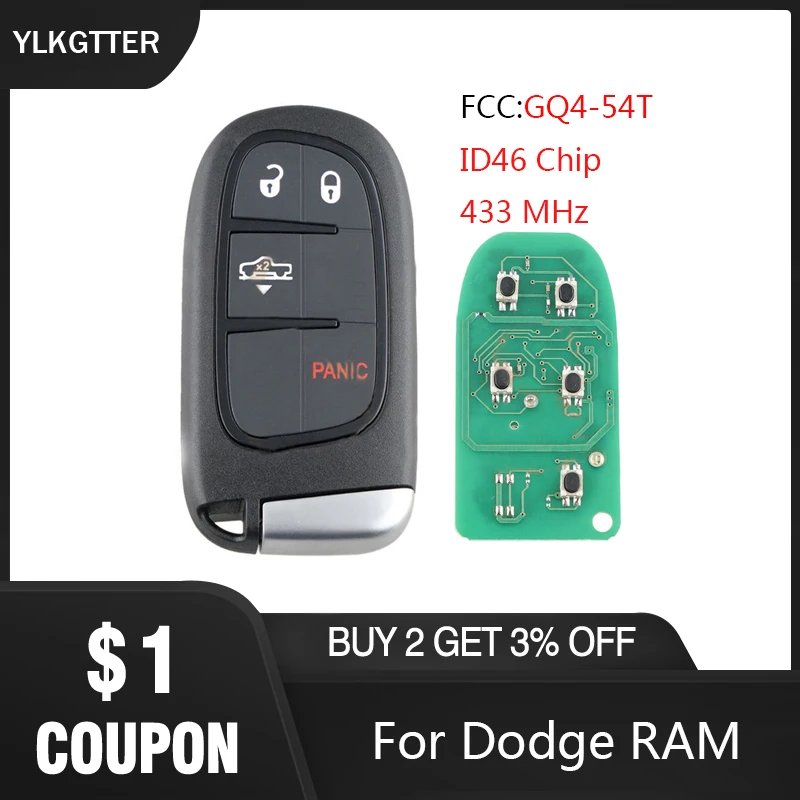 YLKGTTER 433 МГц 3+ 1 кнопка дистанционного ввода без ключа смарт-ключ для Dodge ram с Keyless Go ID46 чип FCC: GQ4-54T ключ