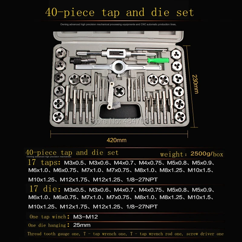 

Manual opener tapping thread tap and die set function tooth opener tool screw male combination 40 sets