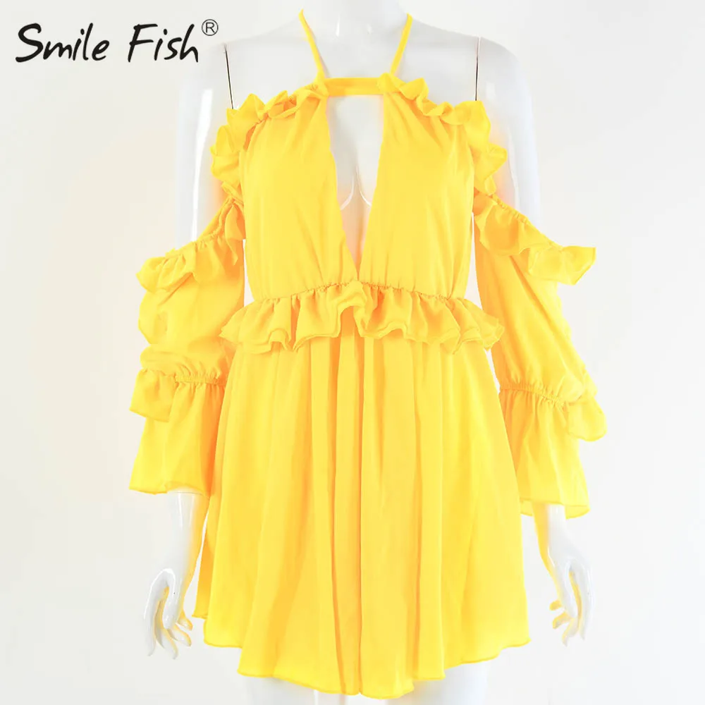 GV567 Yellow Шифоновое мини-платье в стиле бохо с вырезом лодочкой, Пляжное летнее платье для отпуска, женское платье с рукавами-фонариками и оборками с открытыми плечами, Бандажное платье с кисточками, GV687 - Цвет: GV567 Yellow