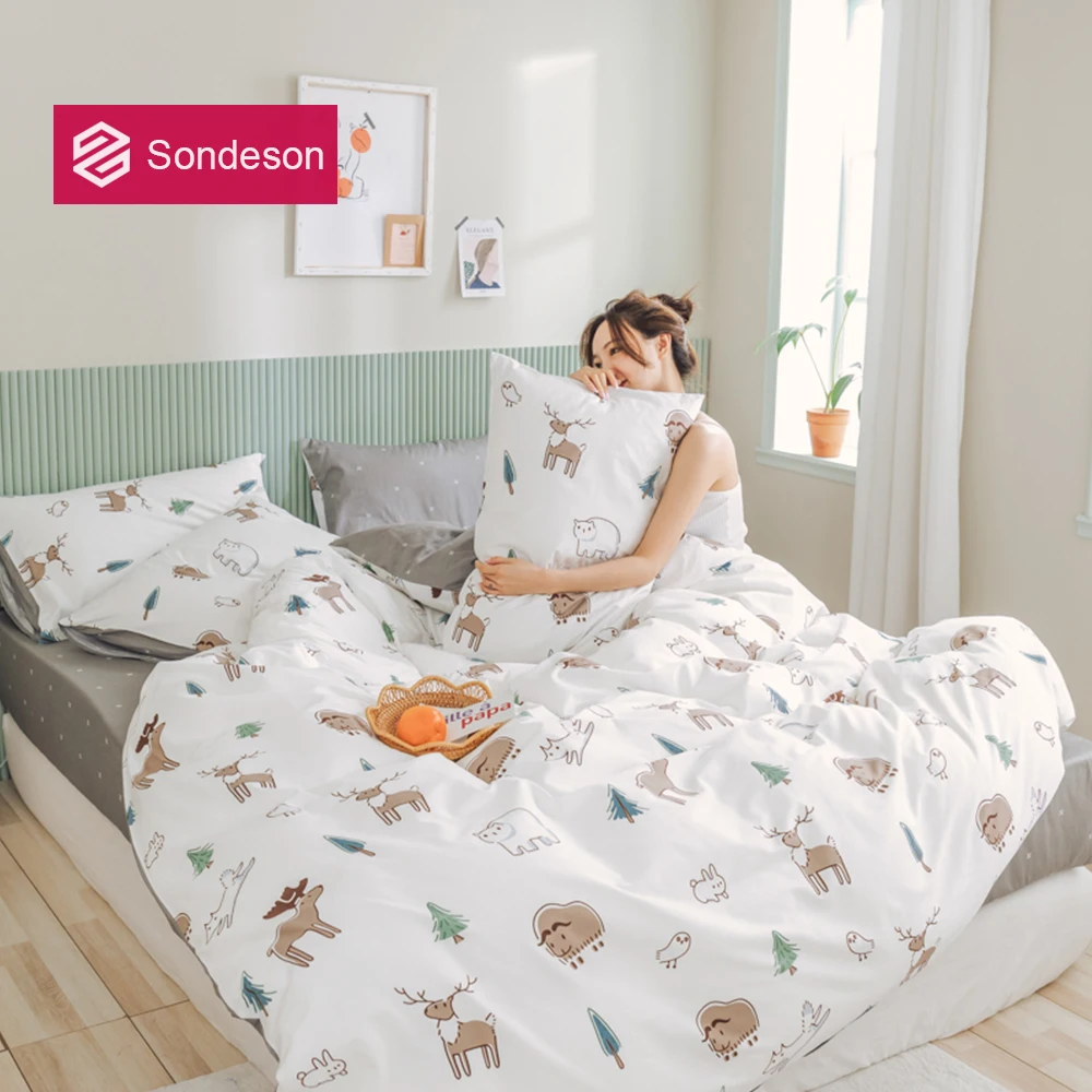 

Sondeson Cute 100% Cotton Cartoon Deer Bedding Set Soft Duvet Cover Set Flat Sheet Pillowcase Double Queen King Bed Linen Set