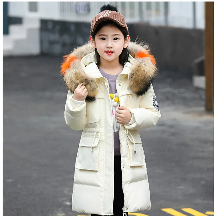 30 Degrees Girls Warm Down Jacket Long Clothes Coat for Girls Winter Thicken Parka Real Fur Hooded Children Outerwear