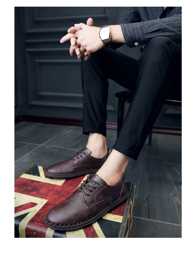 Big Size 47 Men Leather Derby Shoes Luxury Brand Casual Footwear Shoes Men Soft Comfy Flat Lace-Up Gentleman Drive Shoes VI