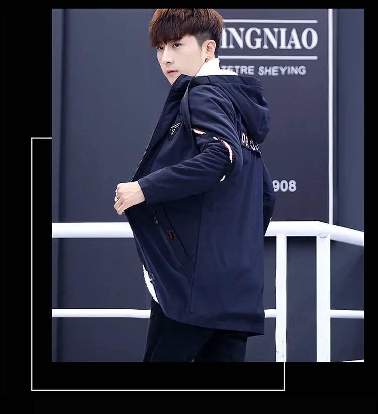 Men Medium-length New Style plus Velvet Jacket Korean-style Slim Fit Teenager Warm Trench Coat Tops Hat Men's