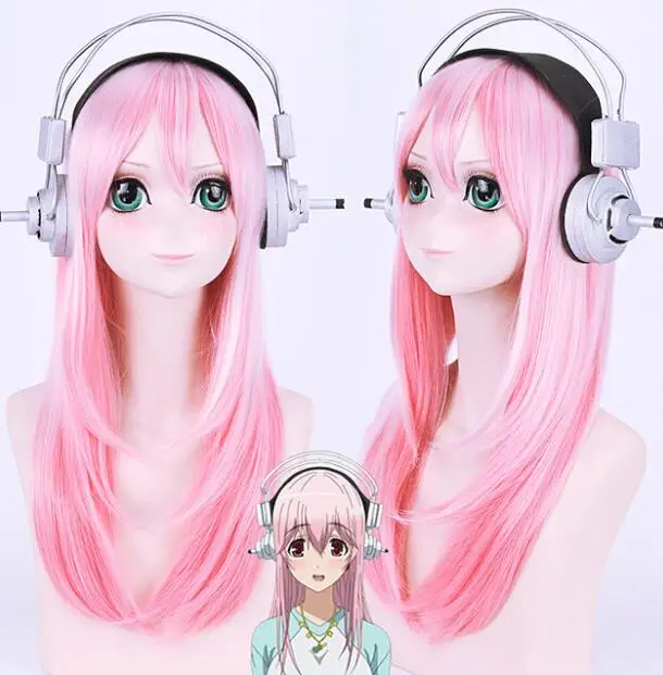 Косплей Аниме Supersonico Super Sonico 60 см Длинные розовые волосы омбре с наушниками Prop