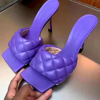 

Genuine Leather Sandals Square Toe Luxury Women Stylish Black Red Brown High Heels Lady Sandals Outdoor Slippers 2020 New Style