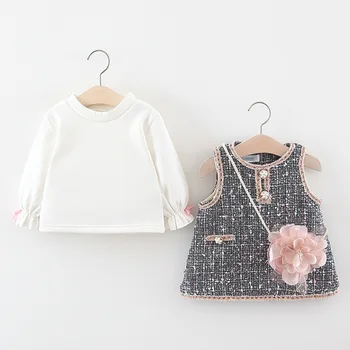 

Autumn Winter Baby Girl Thick Fleece Elegant Plaid Dress+Flare Sleeve Chiffon Shirts Party Wedding 2 Pcs Set Girls Outfit 12M-4T