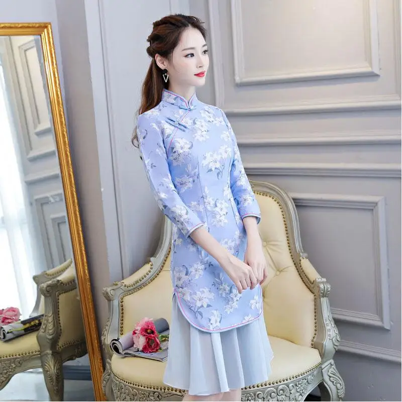 Жаккардовое платье aodai qipao с цветочным рисунком вьетнамский аозай Традиционный китайский женский китайский халат с длинными рукавами современное платье qipao - Цвет: 1