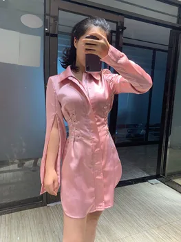 

Women Shirt Satin Dress Pink Crystal Sashes Lace Up Sleeve Slit Hem Split Elegant Lady Robe Vestidos Sexy Party Club Casual Ins