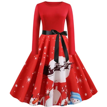 

Plus Size S~5XL Print Long Sleeve Christmas dress Women Autumn Winter elegant casual vintage pin up party dresses Robe vestidos
