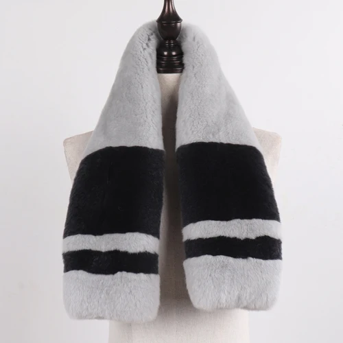 Natural Fur Scarf For Girls Winter Lady Thick Warm Genuine Rex Rabbit Fur Scarves Fashion Women Full Pelt Real Fur Muffles - Цвет: light grey and black
