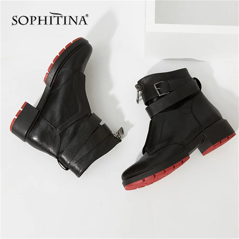 Najtaniej SOPHITINA nowy 2019 kożuch botki dorywczo grube okrągłe Toe kwadratowy obcas kobiet buty z Retro klamra ciepłe buty zimowe M46