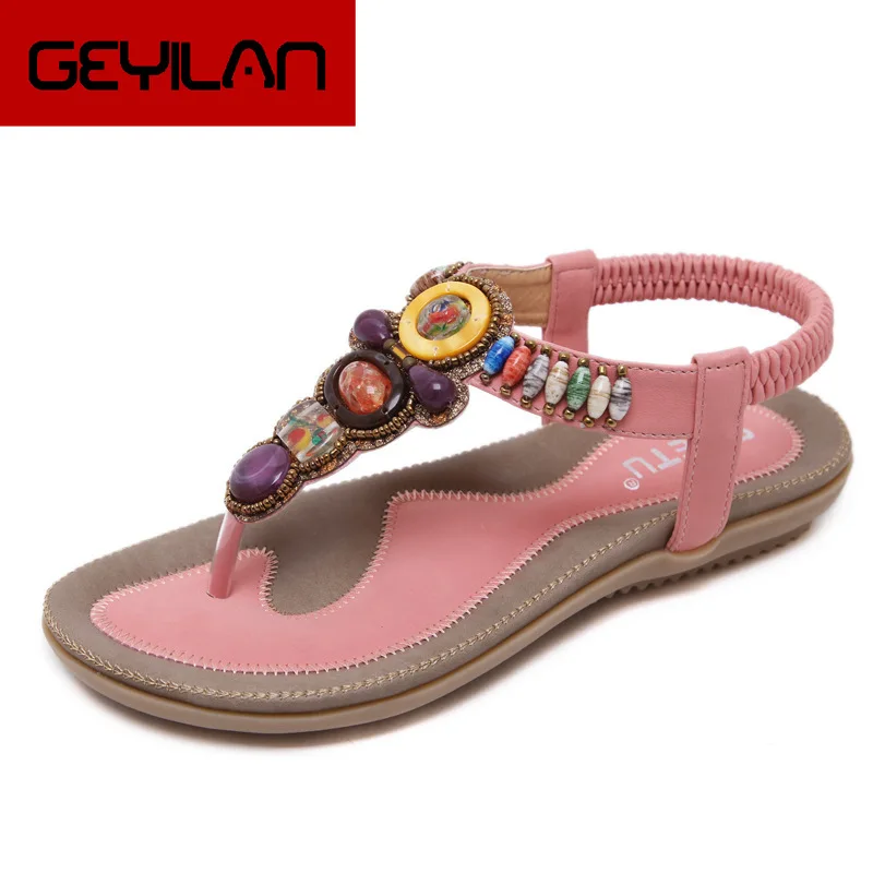 

New Bohemian Flat Beach Sandal girls Colorful Imitaion Gem Elastic Band Princess Shoes Summer Fashion Multipurpose Roman Sandals