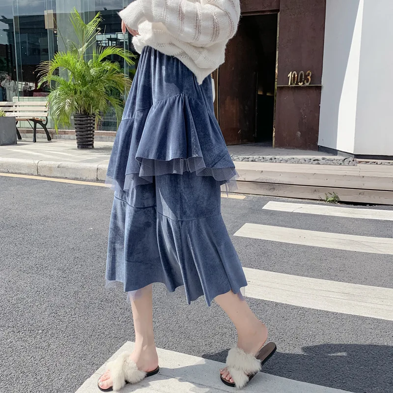 

Black/blue/pink beige velvet skirt women pleated Cascaded tulle maxi skirt 2019 autumn fashion female girl clothes outwear