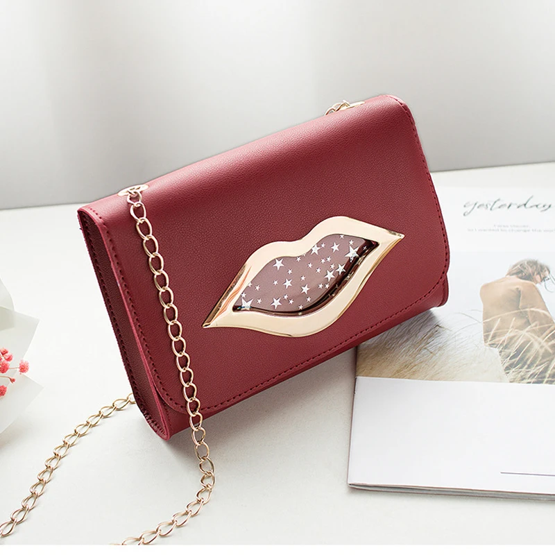 

Brand Purses And Handbags Leather Designer Shoulder Bag Long Gold Chain Big Lips Crossbody Bags For Women 2019 Luxury Brand