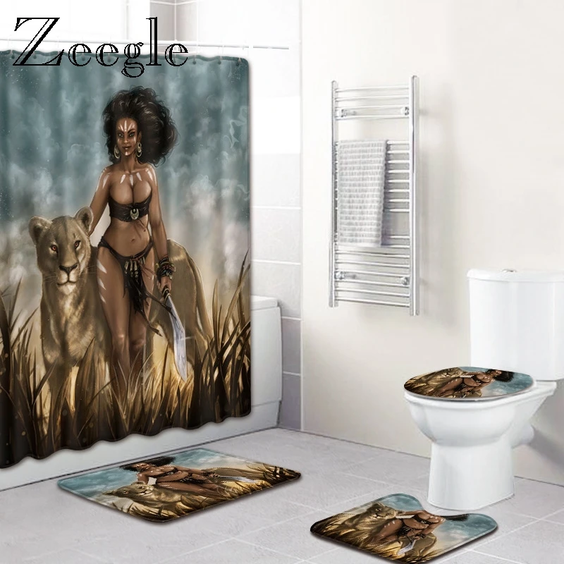 Zeegle African Women Shower Curtain with Bath Mat Set Waterproof Shower Curtain Lid Toilet Cover Non-slip Shower Mat Modern Rug