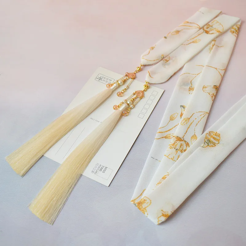 Китайский стиль девушка печати шифон кисточкой Hanfu аксессуары для волос древний стиль тиара ободок для волос Золотая проволока