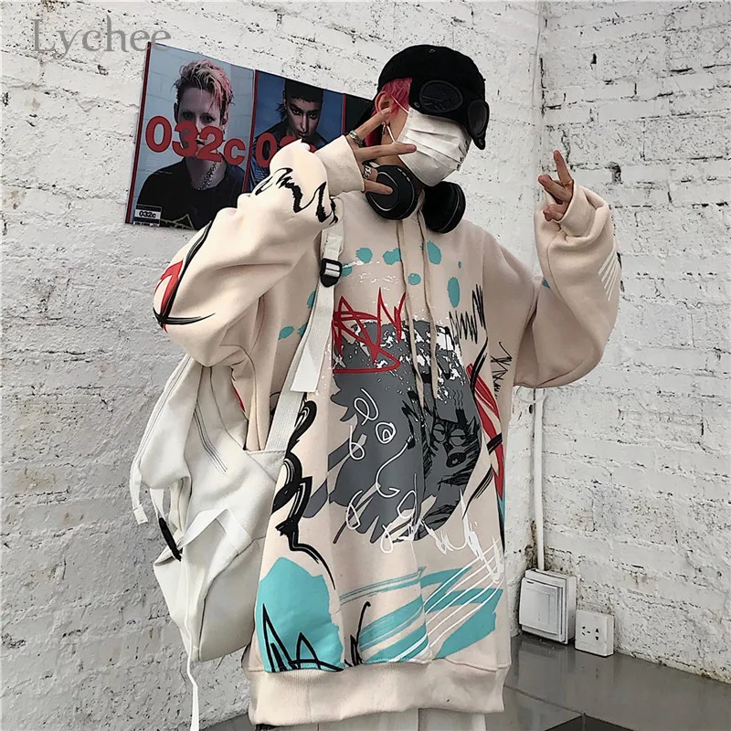 Lychee Harajuku граффити женские флисовые толстовки с капюшоном повседневные свободные женские толстовки пуловеры весна осень зима женские топы